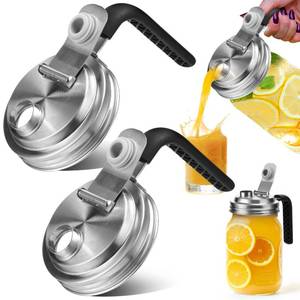 lot 1298 image: Mason Jar Pour Spout Lid Stainless Steel with Handle, Wide Mouth Pour Spout Flip Cap Lids for Mason Jars, Anticracking Leak Proof Seal Cover Airtight for Drinking Salad Dressing & Food Storing(2PCS) - Retail $10