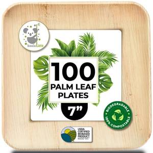 lot 1311 image: Palm Leaf Plates Bamboo Disposable Square 7 inch 100 Bulk Party Pack Elegant Sturdy Design Better Than Paper and Plastic Plates by Koalalove (KoalaLove-PLP-7IN-100-Plates) - Retail $60