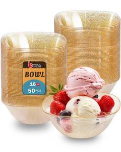 lot 1331 image: bUCLA 50Pack Gold Glitter Plastic Serving Bowls - 16oz Disposable Serving Bowls for Party DessertIce CreamSalsaSnack - Retail $25