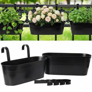 lot 1333 image: vensovo 16 Inch Railing Planter for Outdoor Plants - 3 Pack Large Metal Balcony Hanging Planters with Detachable Hooks and Drain Holes Oval Box Rail Pots for Home Garden Fence, Black - Retail $27
