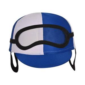lot 1347 image: Beistle Blue Jockey Helmet Costume Hat, Fabric Headwear with Attached Clear Goggles Black Frame Ear Pieces Horse Racing Theme Parties, Equestrian Novelty Accessory, Adult Size - Retail $18