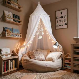 lot 1361 image: LOAOL Bed Canopy with Pom Pom Kids Reading Nook Hanging Tent (White) - Retail $35
