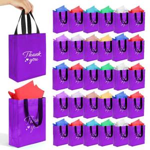 lot 1380 image: 60 Pcs Reusable Gift Bags with Handles Set (10 x 8 x 4 Inch), Include 30 Thank You Bag & Tissue Paper, Medium Purple Gift Bag Bulk for Birthday, Baby Shower, Bridal Shower, Wedding, Party & Events - Retail $20