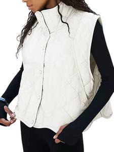 lot 1382 image: Misng Women Quilted Vest Stand Collar Sleeveless Lightweight Button Down Cropped Outerwear Wavy hem Coat with Pockets - Retail $20