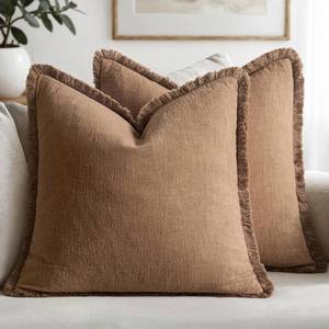 lot 1383 image: MIULEE Linen Fringe Decorative Fall Euro Throw Pillow Covers Brown 28x28 - Retail $38