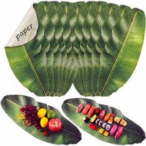 lot 1398 image: Tinlade 60 Pcs Banana Leaves Parchment Paper Leaf Tropical Artificial Banana Leaves for Cooking Charcuterie Board for Food Serving Hawaiian Party Decoration 22.8 x 9 Inch Centerpieces Placemat - Retail $19