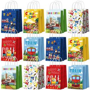 lot 1402 image: Zhanmai 15 Pcs Train Party Favor Bags Train Theme Gift Treat Paper Candy Goodie Bag with Handle for Train Birthday Party Favors Supplies Decoration - Retail $15