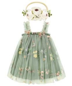 lot 1414 image: Toddler Baby Girls Tutu Dress Sleeveless Floral Print Layered Tulle Dress Little Girl Princess Dresses with Flower Headband (Green#1, 3-4T) - Retail $25
