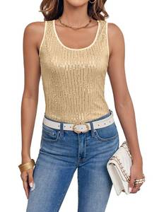 lot 1421 image: Fazortev Womens Sequin Tank Tops Sleeveless Sparkly Camisole Vest Gold XL - Retail $20