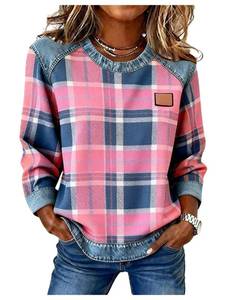 lot 1422 image: SOLY HUX Womens Plaid T Shirts Pullovers Crew Neck Long Sleeve Casual Denim Top Vintage Tees Pink Plaid Large - Retail $10