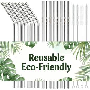 lot 1423 image: 16-Pack Stainless Steel Straw,Reusable Straws �� 8 Straight & 8 Bent (8.5 Inch) Metal Drinking Straws with 4 Cleaning Brushes,Replacement Straws,Dishwasher Safe,Ideal for Home,Travel - Retail $8