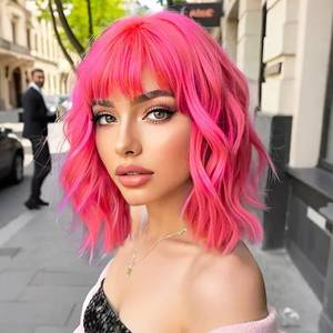 lot 1428 image: AGO Pink Wigs with Bangs Pastel Bob Wig Shoulder Length 14Inch Synthetic Hair for Women Girl Heat Resistant Fiber Wig for Daily Party Halloween Cosplay Use(XT2124#HotPink) - Retail $18