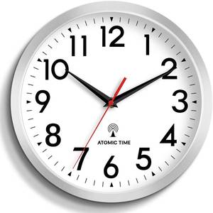 lot 1432 image: DAXSMY Atomic Wall Clock Analog 12 Inch Battery Operated Modern Decorative for Living Room Kitchen Office Bedroom Bathroom(Silver) - Retail $195