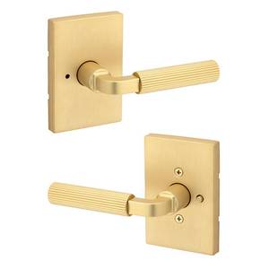 lot 1433 image: Kwikset Mirada Reeded Interior Privacy Door Handle with Lock, Handle for Bathroom and Bedroom, Satin Brass, Reversible Keyless Push Button Lock - Retail $48