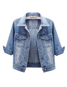 lot 1435 image: Unilexi Womens 34 Sleeve Colored Cropped Denim Jacket Light Wash Short Jean Jacket Trucker Coat(0096-LightBlue-XL) - Retail $30