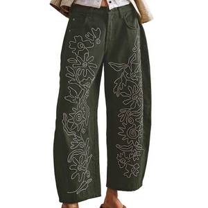 lot 1439 image: YSW Embroidered Mid Rise Jeans for Women Baggy Boyfriend Jean Boho Barrel Horseshoe Vintage Pants ArmyGreen M - Retail $40