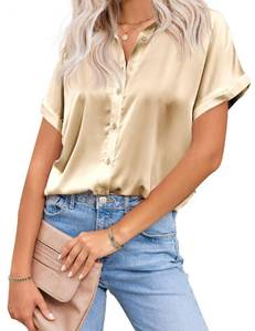 lot 1444 image: Zeagoo Womens Satin Blouse Short Sleeve Silk Tops Button Down Shirts Khaki L - Retail $18