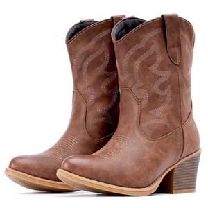 lot 1445 image: IXU Cowboy Boots for Women Wide Suede Ankle Western Cowgirl Boots Mid Calf Pointed Toe Short Chunky Classic Booties 9 - Retail $38