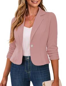 lot 1446 image: Traleubie Womens Cropped Blazers for Work Casual 34 Sleeve Lapel Collar Suit Jacket Business Outfit Pink L - Retail $34
