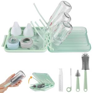 lot 1453 image: Bottle Brush Set -Baby Travel Essential-6 in 1 Bottle Cleaner Kit with Silicone Bottle Brush,Nipple Cleaner Brush,Straw Brush,Soap Dispenser,Storage Box,Bottle Drying Rack for Home and Travel(Green) - Retail $20