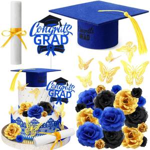 lot 1460 image: SiliFine 33 Pcs Graduation Cake Kit Includes Glitter Cake Toppers Felt Graduation Cap with Tassel Diploma Flowers 3D Butterfly Decor for 2025 Graduate Party Supplies(Blue) - Retail $3,867