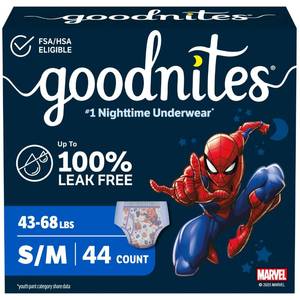 lot 1463 image: Goodnites Boys Nighttime Bedwetting Underwear, Size SM (43-68 lbs), 44 Ct (2 Packs of 22), Packaging May Vary - Retail $30