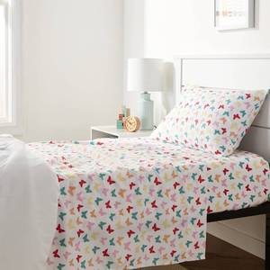 lot 1469 image: Amazon Basics Kids Soft Easy-Wash Microfiber 3-Piece Sheet Set, Twin, Multi-Color Butterflies, Butterfly Friends, Printed - Retail $14