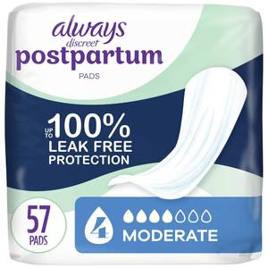 lot 1472 image: Always Discreet Postpartum Incontinence Pads, Moderate Absorbency, 57 Count - Retail $17