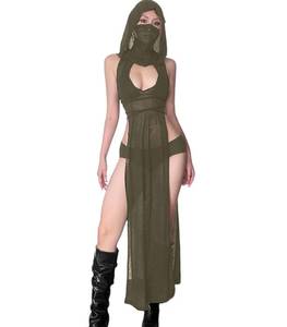lot 1473 image: CAPE CLIQUE Rave Outfits for Women Festival Sexy Halloween Costume High Slit Sheer Gothic Dress with Hood Swimsuit Cover Ups Olive Green-Separate Hood Small - Retail $25