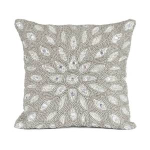 lot 1480 image: Olio Marfa Luxury Hand-Beaded Square Cushion Cover - 12x12 inch Throw Pillow with Elegant Peacock Design - Handmade Accent Pillow by Indian Artisans - Silver - Retail $18
