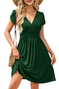 lot 1495 image: Women Casual Summer Dress Short Sleeve V Neck Dress Pocket Dark Green XL - Retail $24