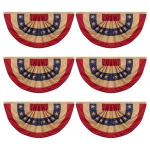 lot 1499 image: Fanfanwin 6 Pcs Tea Stained Patriotic Bunting Flags 2x4 ft 250th Anniversary Patriotic Decorations Hanging American Half Fan Flag Banner for Outside Independence Day Memorial Day with Brass Grommets - Retail $43