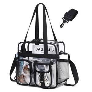 lot 1501 image: ASKSKY Clear Tote Bag, PVC 12x 12x6 in Clear Bag for Stadium Events for Women Men Water Resistant Heavy Duty Transparent Stadium Bag See Through Bags with Removable Strap, Black - Retail $22