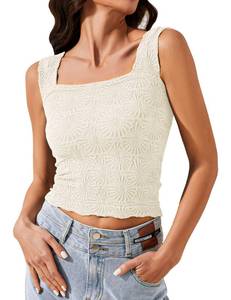lot 1503 image: Ziesexy Womens Crop Floral Tank Top Square Neck Wide Straps Cropped Tank Tops Slim Fit Lettuce Trim Boho Summer Tops Beige - Retail $15