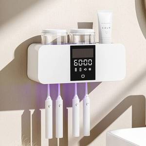 lot 1506 image: BLACK, NOT WHITE Toothbrush Holder Wall Mounted, 2 Cups Solar Powered Toothbrush Stand, Smart Toothbrush Holder with Cleaning and Drying, Cleaning Box with 4 Toothbrush Slot for Bathroom (Black - 2 Cup) - Retail $20,930