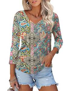 lot 1520 image: KTILG Womens V Neck T Shirts 34 Length Sleeve Womens Tops Boho Tees Casual Summer Outfits 2026 Old Nation Print L - Retail $8