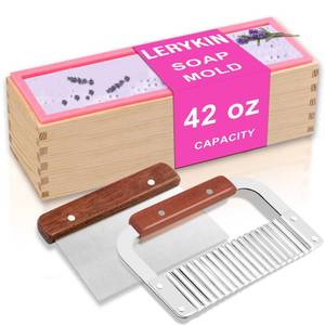 lot 1529 image: LERYKIN Rectangular Soap Mold Kit with Cutter- 42oz Flexible Silicone Loaf Soap Mold with Wood Box, Stainless Steel Wavy & Straight Scraper for Homemade Craft Soap Making Supplies - Retail $16