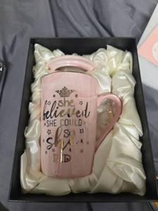 lot 1546 image: She Believed She Could so She Did, 14Oz Pink Marble Ceramic Coffee Mug Print Gold - Retail $17