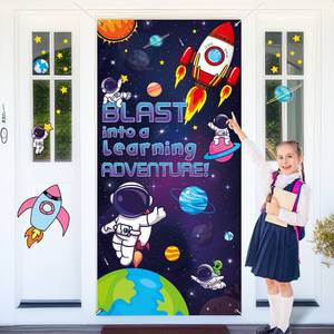 lot 1547 image: Welcome Back to School Door Cover Banner Outer Space Classroom Decoration Blast into a Learning Adventure Hanging Porch Sign Photo Background for Kindergarten Preschool Elementary Wall Room Decor - Retail $11