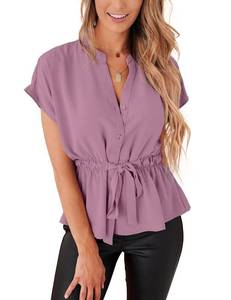 lot 1556 image: CiCiBird Womens Button Down Blouses Casual Peplum Summer Tops Dressy Chiffon Work Blouse Lavender M - Retail $17
