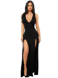 lot 1559 image: WDIRARA Womens Plunging Deep V Bandage High Split Sexy Dress Solid Bodycon Maxi Dress Black S - Retail $33