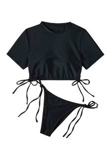 lot 1576 image: SHENHE Womens 2 Piece Swimsuits Short Sleeve Crop Top Tie String Bikini Set Bathing Suits Black Large - Retail $30