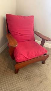 lot 927 image: Wooden Armchair with Red Cushions 31X31X35 located in basement
