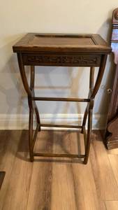 lot 933 image: Carved Wood Side Table with Rectangular Top and Splayed Legs 30X15X12 located in basement