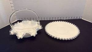 lot 1025 image: Fenton milk glass ruffled basket and scalloped plate
