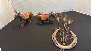 lot 1030 image: Vintage wind up donkeys works and hand made horse shoe and metal wheat art 17 inches tall