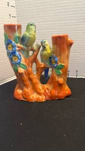 lot 1046 image: Vintage porcelain double bud vases featuring parakeets or parrots