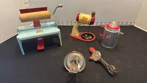 lot 1048 image: Delta toy mangle wringer ironer, Delta mixer, coffee pot and rotary beaters