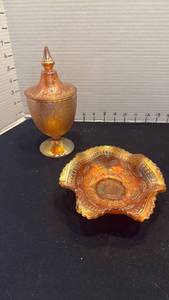 lot 1059 image: Carnival glass ruffled bowl and 2 pc footed candy dish