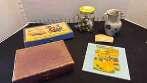 lot 1060 image: Vintage box with pipe, Walt Disney pencil case, glass mug with marbles, plaque and Salt Glass pottery pitcher